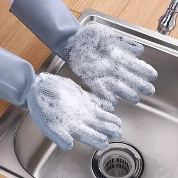 Ръкавици за почистване на миене на съдове Магически силиконови гумени ръкавици за миене на съдове за домакинска гъба Скрубер Кухненски инструменти за почистване