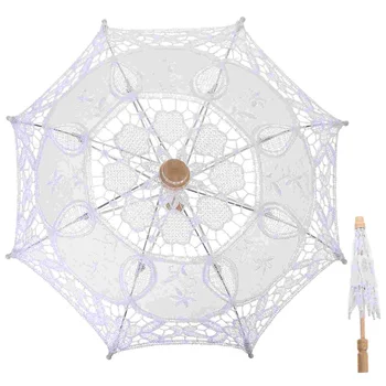 Ръчно изработен булчински дантелен чадър и фен комплект Сватбена булка чадър бял слонова кост сватбен чадър дантела