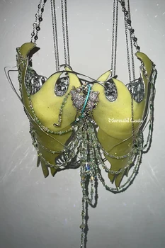Светло зелена сирена сълзи смола русалка корсет сутиен топ косплей костюм патентован