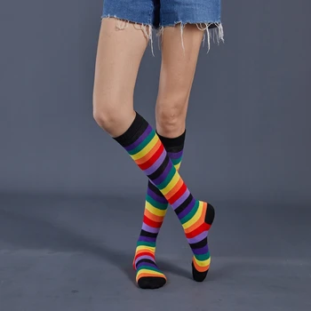 Секси дамски райе дълги чорапи цветен печат Хелоуин вещица косплей коляното високи чорапи Лолита дами момичета топло коляното чорапи