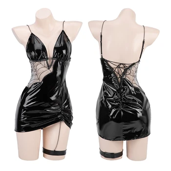 Секси черна изкуствена кожа Strappy рокля жени паяжина гащеризони тесни хип Хелоуин прозрачна пижама хладно униформа