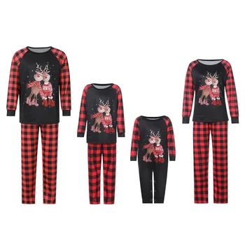 Семейство 2 парчета пижами комплект хлабав годни лосове отпечатани дълъг ръкав топ панталони случайни ластик Коледа стил спално облекло облекло