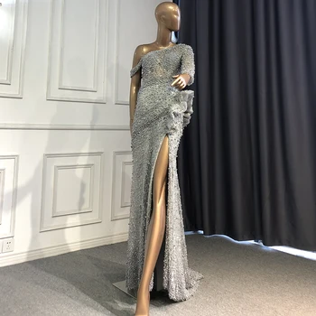 Сиви луксозни вечерни рокли с едно рамо рокли 2023 Beaded русалка елегантен за жени парти Serene Hill BLA71622
