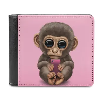 Сладка бебешка маймуна, държаща розов мобилен телефон Мъжки портфейл Портмонета Портфейли Нов дизайн долар цена Топ мъже кожен портфейл маймуна