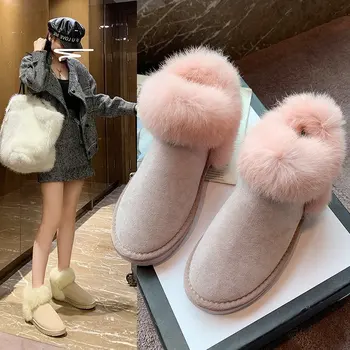 сладко момиче розов кожа сняг ботуши нов дизайнер космати памучни обувки кръгли пръсти велур кожа платформа обувки глезена bottine femme