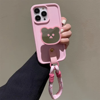 Сладък 3D мечка пръстен притежател стойка ремък розов силиконов телефон случай за iPhone 11 13 12 14 15 Pro Max 14 Pro XS карикатура бонбони капак