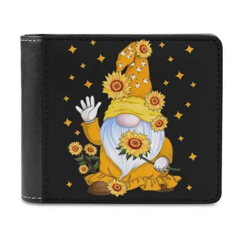 Сладък гном със слънчоглед Цветен мъжки портфейл Кожен държач за чанта Кредитна карта Къс портфейл Карикатура Gnome Gnomes Gnomes Lover