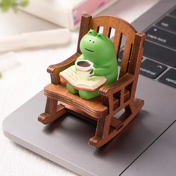 Сладък седящи жаби занаятчийски смола пиене кафе жаба микро пейзаж миниатюрни жаба прочетете книга фигурки за рафт бюро декорация
