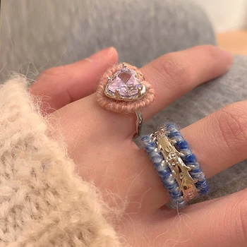Сладък сладък вълнен розов любовно сърце синьо плюшено тъкат пръстен за жени отваряне ниша дизайн зима необичайни пръстени Y2K модни бижута