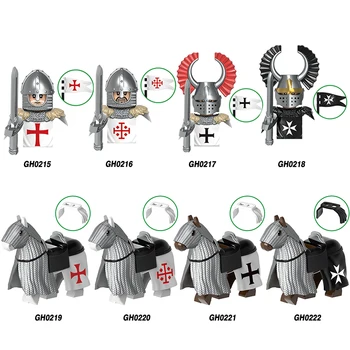 Средновековен военен замък рицари тамплиери орден Рим фигури набор войници война кон армия оръжия щит меч шлем тухли играчки