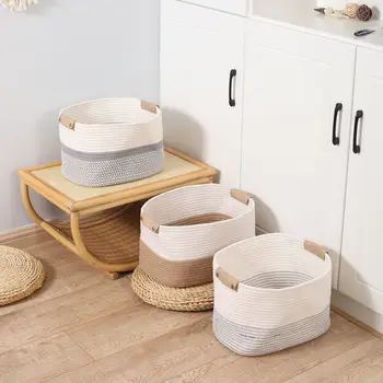 Тъкани кошници за съхранение на кубчета от памучно въже Рафт за организиране на декоративна кошница с подвижни кожени дръжки