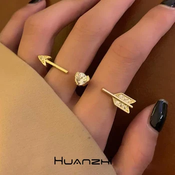 Хип-хоп мода циркон златен цвят сребърен цвят Купидон сърце стрелка регулируеми два пръста пръстени за двойка подаръци HUANZHI 2023 Ново