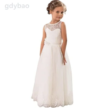 цвете момиче рокля перлена дантела принцеса рокля за момиче без ръкави първо причастие рокли Детска сватбена парти рокля