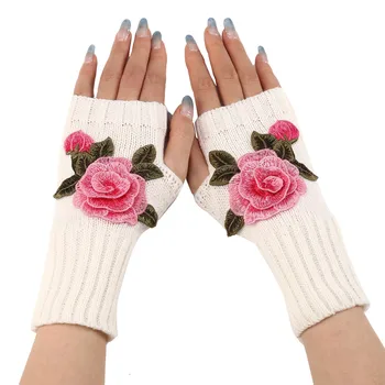 Цветя бродирани топли плетени ръкавици без пръсти Конвертируеми модни ръкавици Зимни аксесоари Универсални ръкавици с плътен цвят 니트장갑