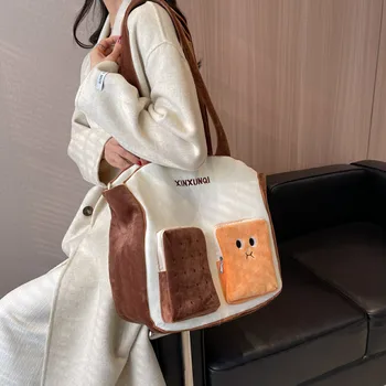 Чанти за жени чанта плюшени пухкави чанти за рамо на купувача за момичета училище сладък мечок памук чанта купувач чанта
