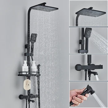 Черен термостатичен душ кран комплект валежи душ смесител многофункционален смесител за баня баня кран душ комплекти система