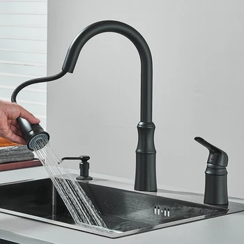 Черно издърпайте кухненската мивка кранче две модел поток пръскачка дюза неръждаема стомана горещо студено Wate миксер кран кран кран със сапун