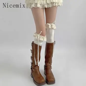 японски JK сладко мляко бяла дантела над коляното памучни чорапи за жени есен и зима Лолита панделка лък бедрото високи чорапи